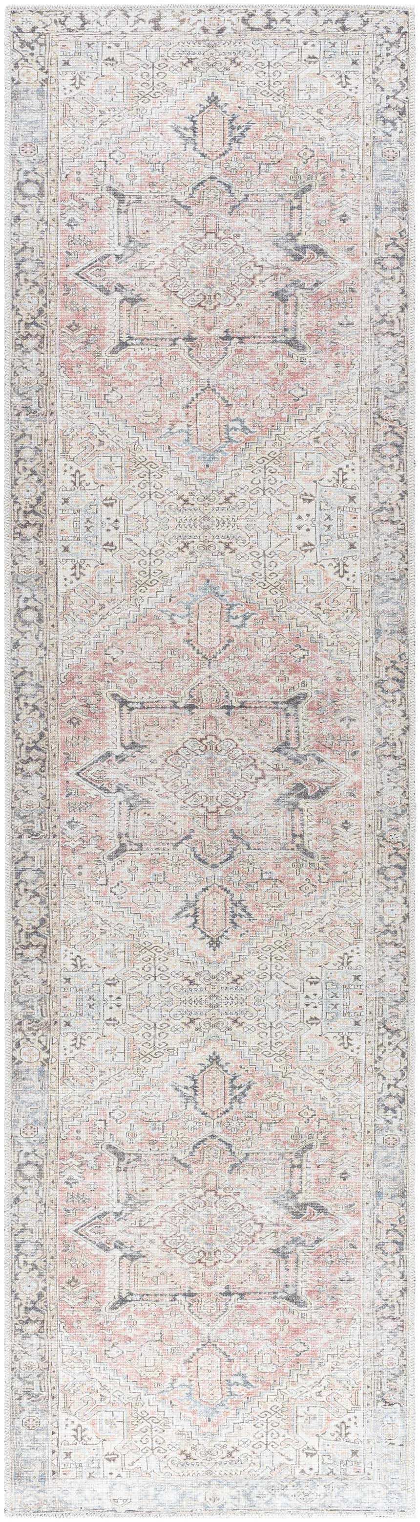 Close-up of the Aethwy Washable Area Rug. Traditional design in light silver, prairie dust, gray and slate blue tones. Design-Runner-2710