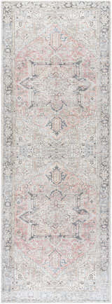 Close-up of the Aethwy Washable Area Rug. Farmhouse style rug with light silver, prairie dust, and slate blue traditional pattern. Design-Runner-2773