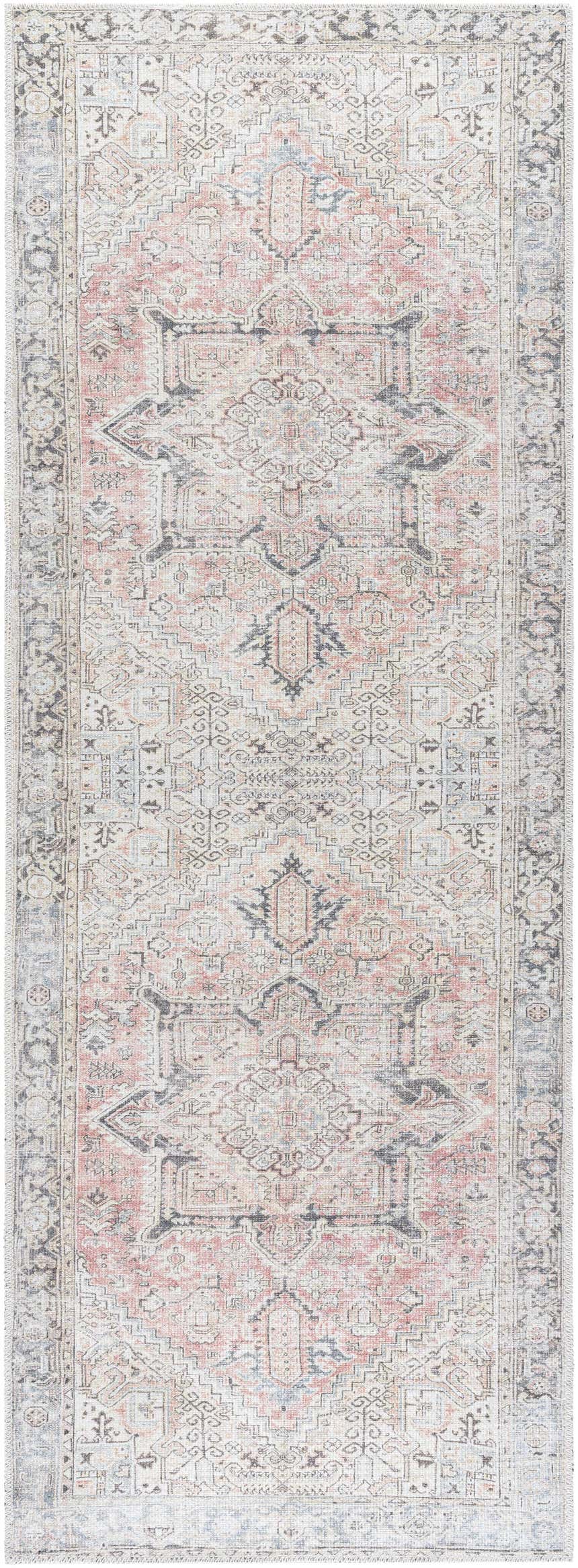 Close-up of the Aethwy Washable Area Rug. Farmhouse style rug with light silver, prairie dust, and slate blue traditional pattern. Design-Runner-2773