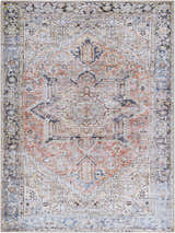Close-up of the Aethwy Washable Area Rug. Farmhouse style rug with light silver, prairie dust, and slate blue tones. Design-Rectangle-537