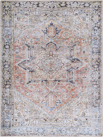 Close-up of the Aethwy Washable Area Rug. Farmhouse style rug with light silver, prairie dust, and slate blue tones. Design-Rectangle-537
