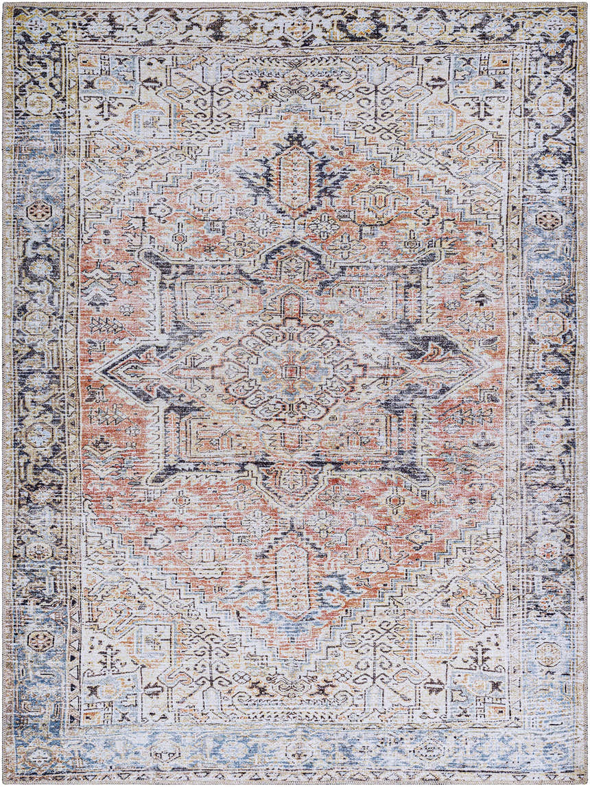 Close-up of the Aethwy Washable Area Rug. Farmhouse style rug with light silver, prairie dust, and slate blue tones. Design-Rectangle-537