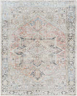 Close-up of the Aethwy Washable Area Rug. Farmhouse style rug with light silver, prairie dust, and slate blue tones. Design-Rectangle