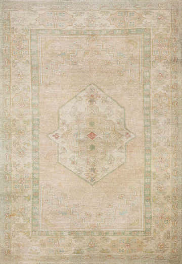 Close-up of the Luciana II rug. Beige rug with a traditional medallion pattern in light green and peach tones. Design-Rectangle