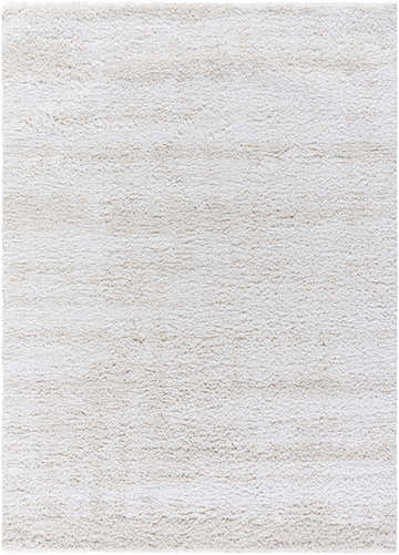 Close-up of the Arlind Area Rug. The shag rug has a soft, plush texture in medium gray and white hues. Design-Rectangle-537