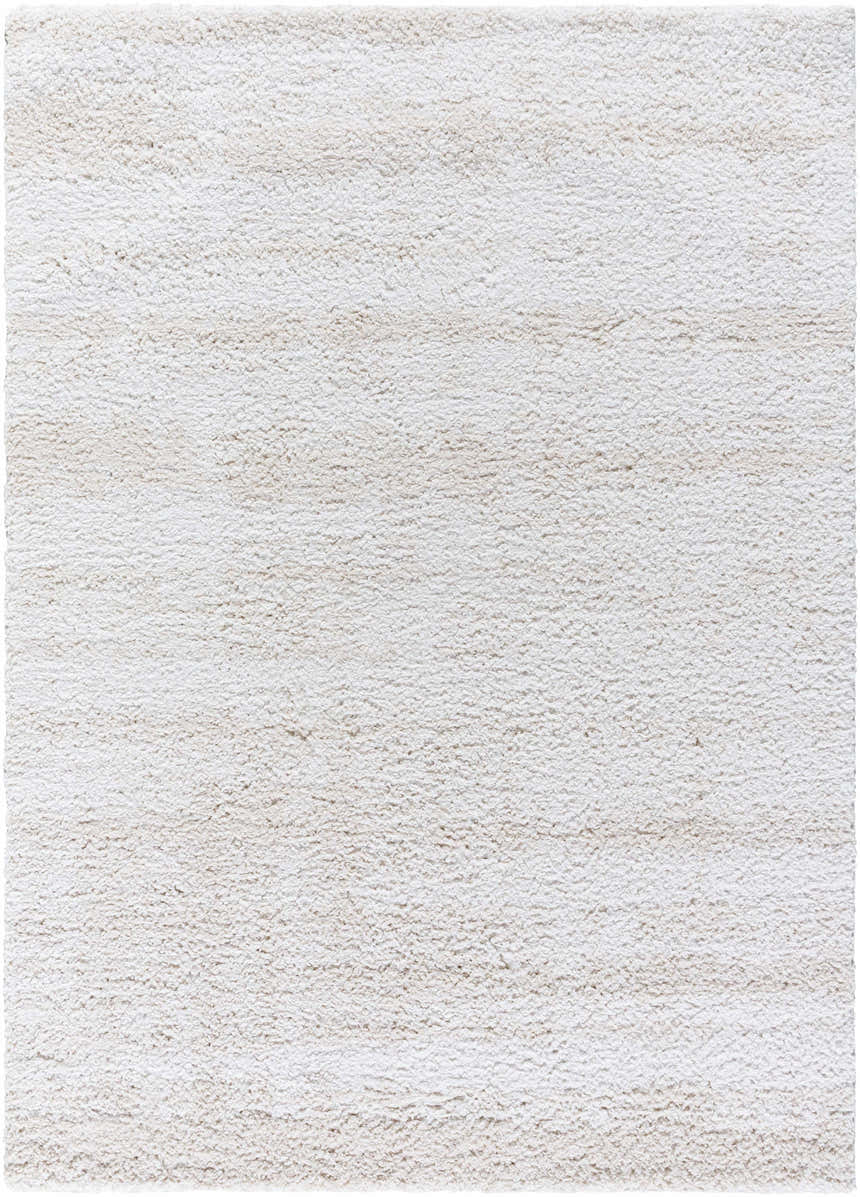 Close-up of the Arlind Area Rug. The shag rug has a soft, plush texture in medium gray and white hues. Design-Rectangle-537