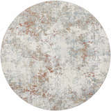 Close-up of round Dinos Thick Luxe Rug. Abstract design in dark gray, light gray, nutmeg, and blue hues. Contemporary style. Design-Round-67