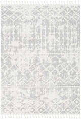 Close-up of the Dolo Area Rug. Cream and gray rug with a geometric pattern and tasseled edges. Bohemian style. Design-Rectangle-537