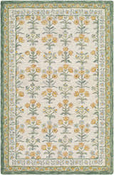 Close-up of the hand-tufted Alonsa Sage Area Rug. Features a floral pattern with sage green border. 100% Wool. Design-Rectangle-576