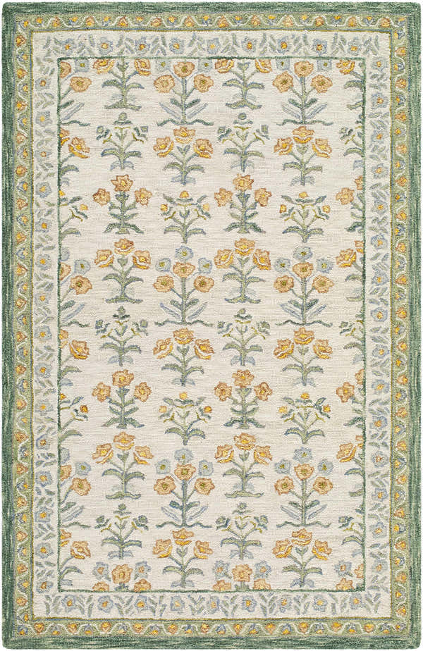 Close-up of the hand-tufted Alonsa Sage Area Rug. Features a floral pattern with sage green border. 100% Wool. Design-Rectangle-576