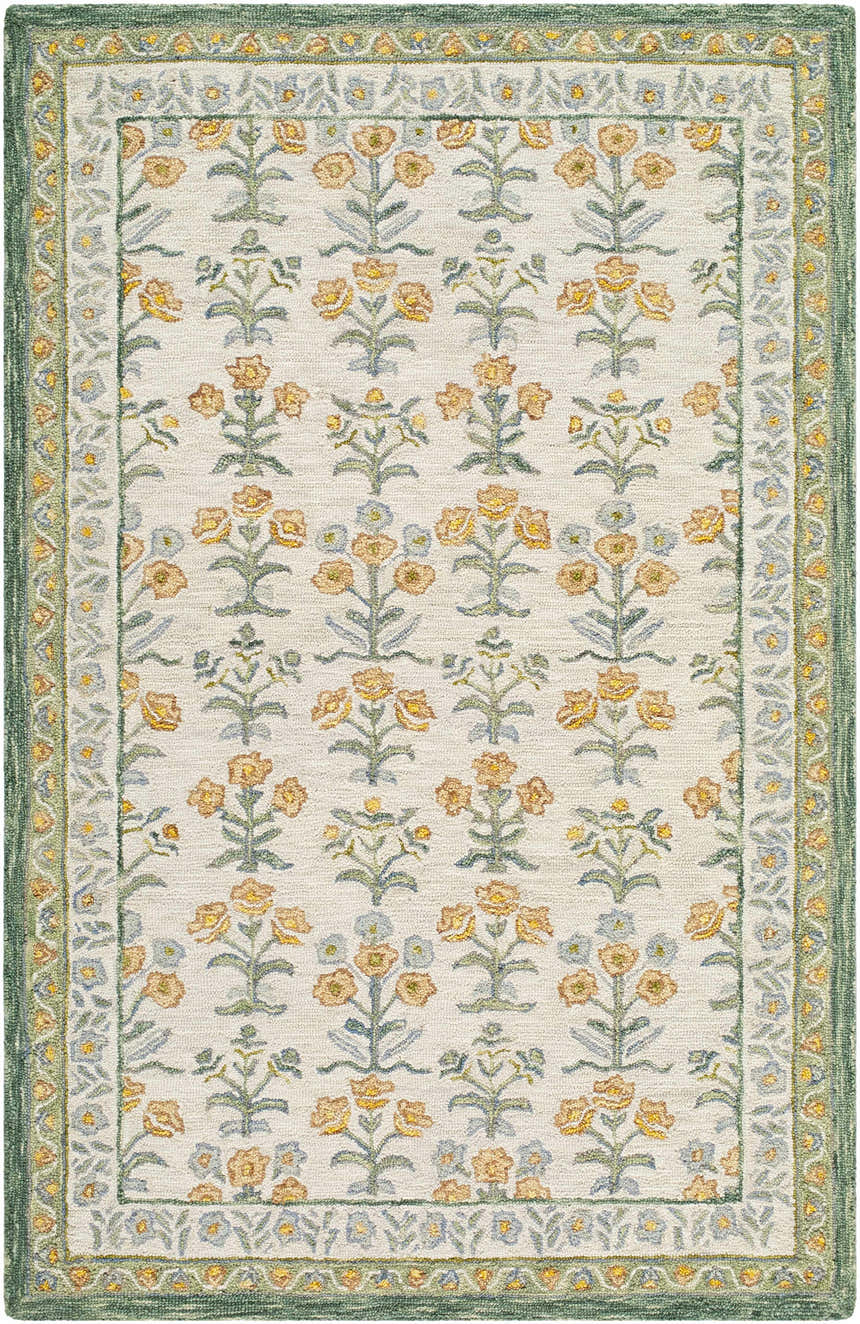 Close-up of the hand-tufted Alonsa Sage Area Rug. Features a floral pattern with sage green border. 100% Wool. Design-Rectangle-576