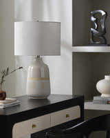 Light Gray Bohemian Table Lamp with global details for bedside or console tables