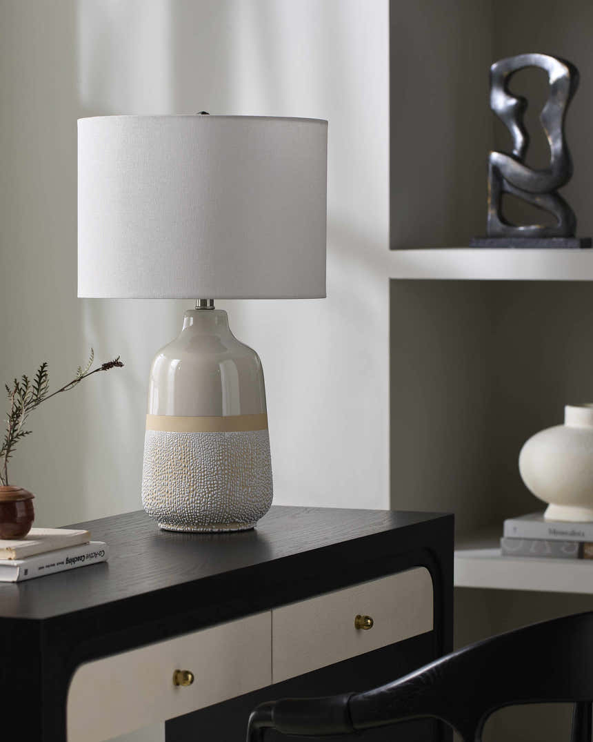Light Gray Bohemian Table Lamp with global details for bedside or console tables