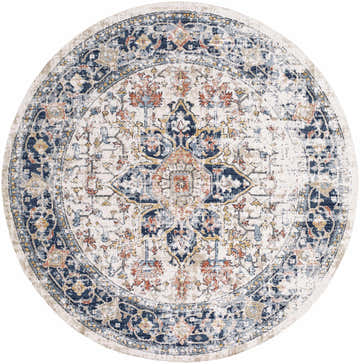 Round Dorval Traditional Rug with cream background and navy, brick red, and light beige oriental pattern. Design-Round-67