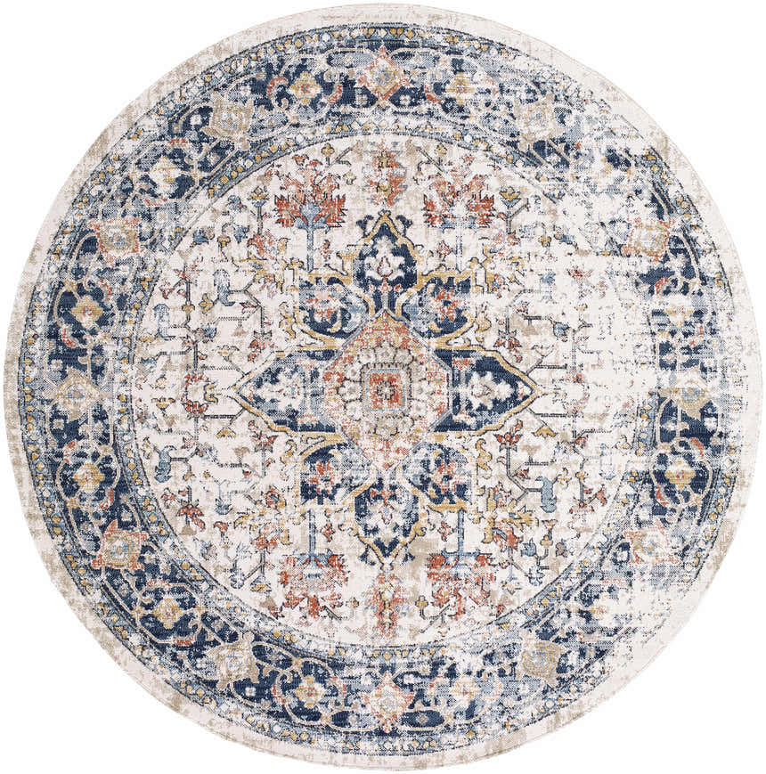 Round Dorval Traditional Rug with cream background and navy, brick red, and light beige oriental pattern. Design-Round-67