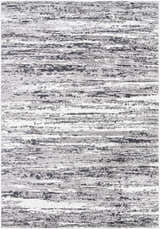 Close-up of the Azmina Area Rug, a contemporary rug with black, ivory, and gray abstract horizontal stripes. Design-Rectangle-5373