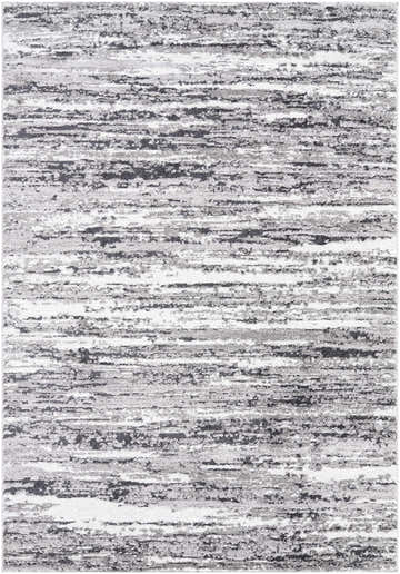 Close-up of the Azmina Area Rug, a contemporary rug with black, ivory, and gray abstract horizontal stripes. Design-Rectangle-5373
