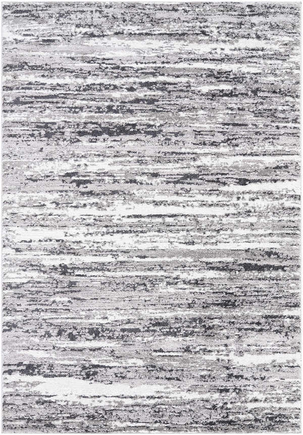 Close-up of the Azmina Area Rug, a contemporary rug with black, ivory, and gray abstract horizontal stripes. Design-Rectangle-5373