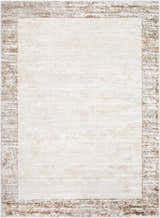 Close-up of the Dhaval Ivory Area Rug. Cream rug with a light brown border. Machine woven texture. Design-Rectangle-5373