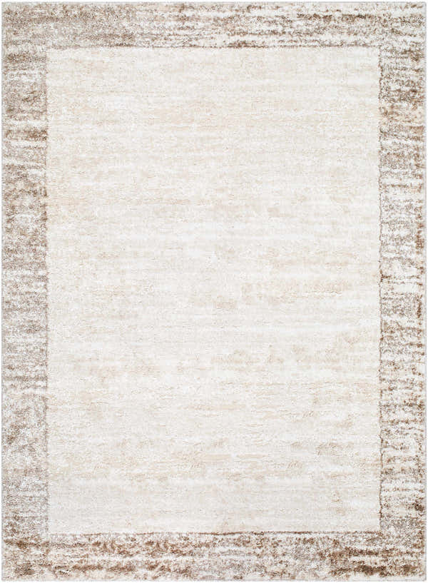 Close-up of the Dhaval Ivory Area Rug. Cream rug with a light brown border. Machine woven texture. Design-Rectangle-5373