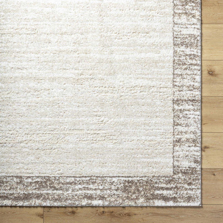 Close-up of the Dhaval Ivory Area Rug showing its cream color, soft texture, and light brown border on wood flooring. Corner
