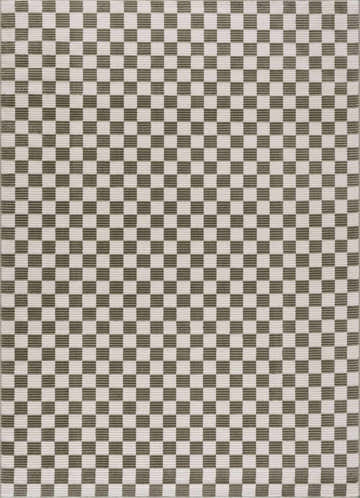 Close-up of the Kaysar Olive Green Checkered Washable Area Rug. The rug has a green and off-white checker pattern. Design-Rectangle