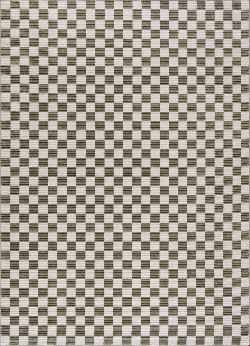 Close-up of the Kaysar Olive Green Checkered Washable Area Rug. The rug has a green and off-white checker pattern. Design-Rectangle