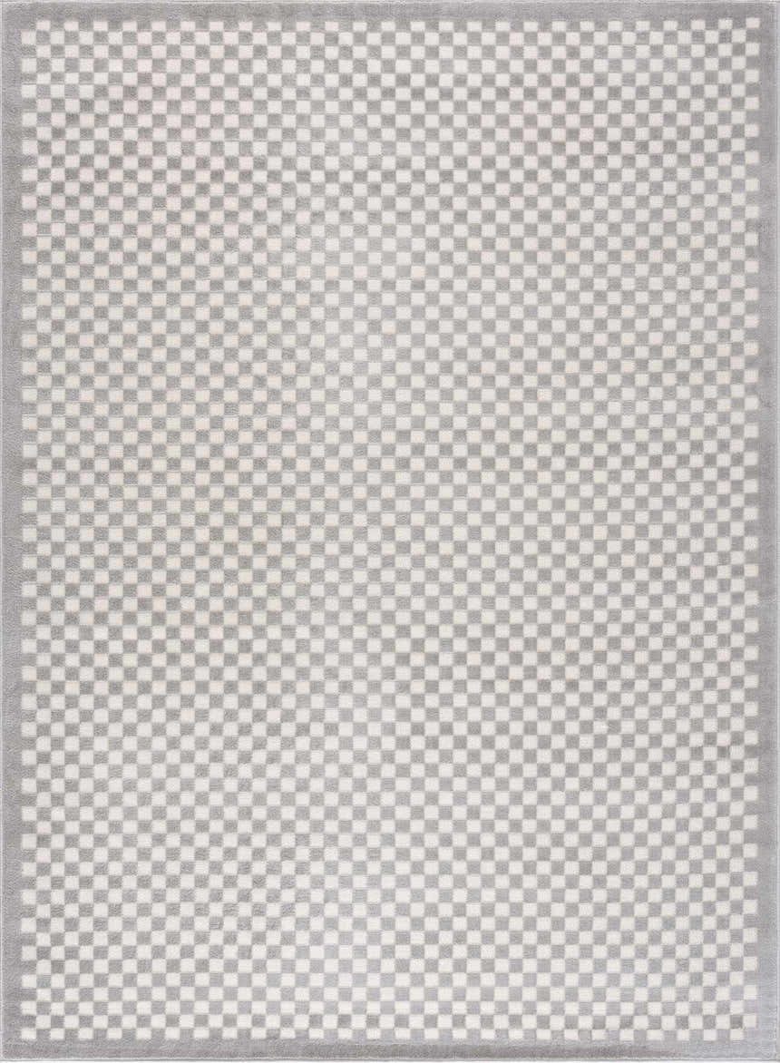 Close-up of Gaiwan Cream Gray Washable Area Rug featuring a small checkerboard pattern in light gray and off-white. Design-Rectangle