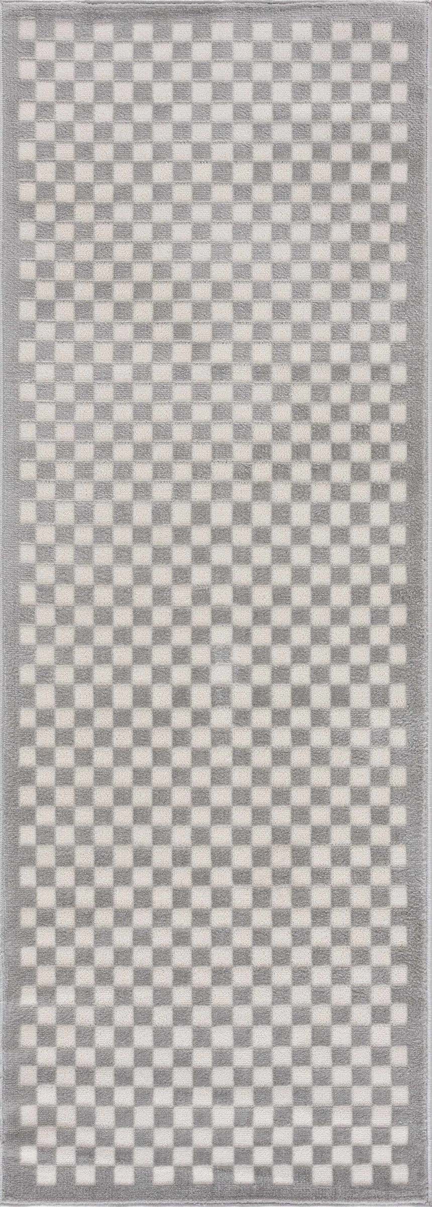 Close-up of the Gaiwan Cream Gray Washable Area Rug featuring a light gray and off white checkerboard pattern. Design-Runner