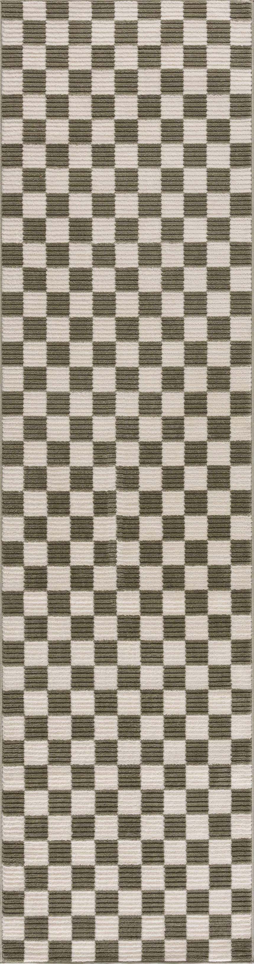 Close-up of the Kaysar Olive Green Checkered Washable Area Rug, showing its textured green and off-white checkerboard pattern. Design-Runner