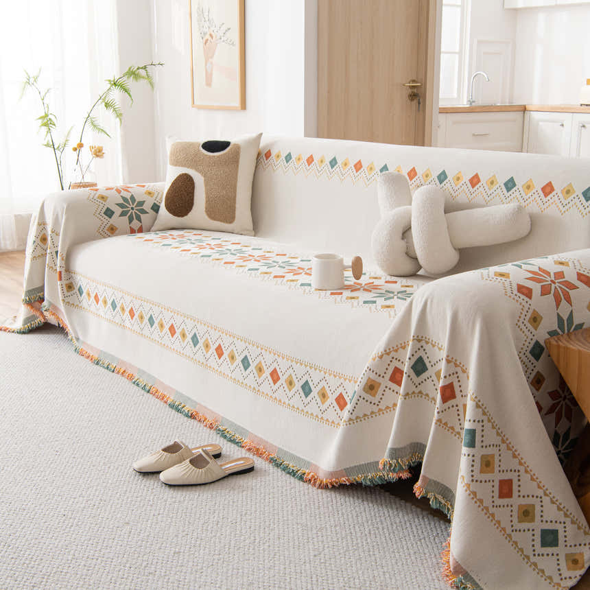 Bohemian Geometric Sofa Throw Cover, Cozy & Protective Ethnic-Inspired Couch Cover