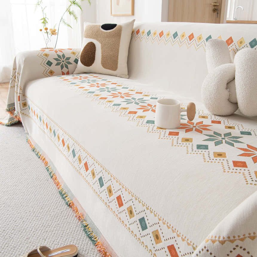Bohemian Geometric Sofa Throw Cover, Cozy & Protective Ethnic-Inspired Couch Cover
