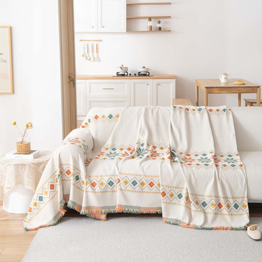 Bohemian Geometric Sofa Throw Cover, Cozy & Protective Ethnic-Inspired Couch Cover