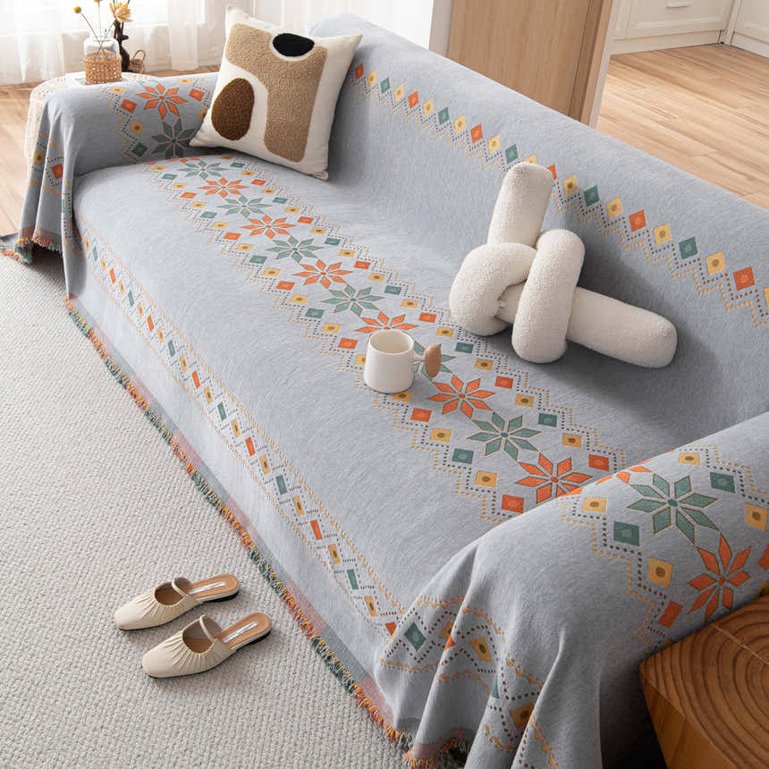 Bohemian Geometric Sofa Throw Cover, Cozy & Protective Ethnic-Inspired Couch Cover