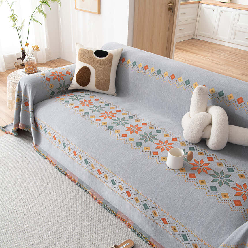 Bohemian Geometric Sofa Throw Cover, Cozy & Protective Ethnic-Inspired Couch Cover