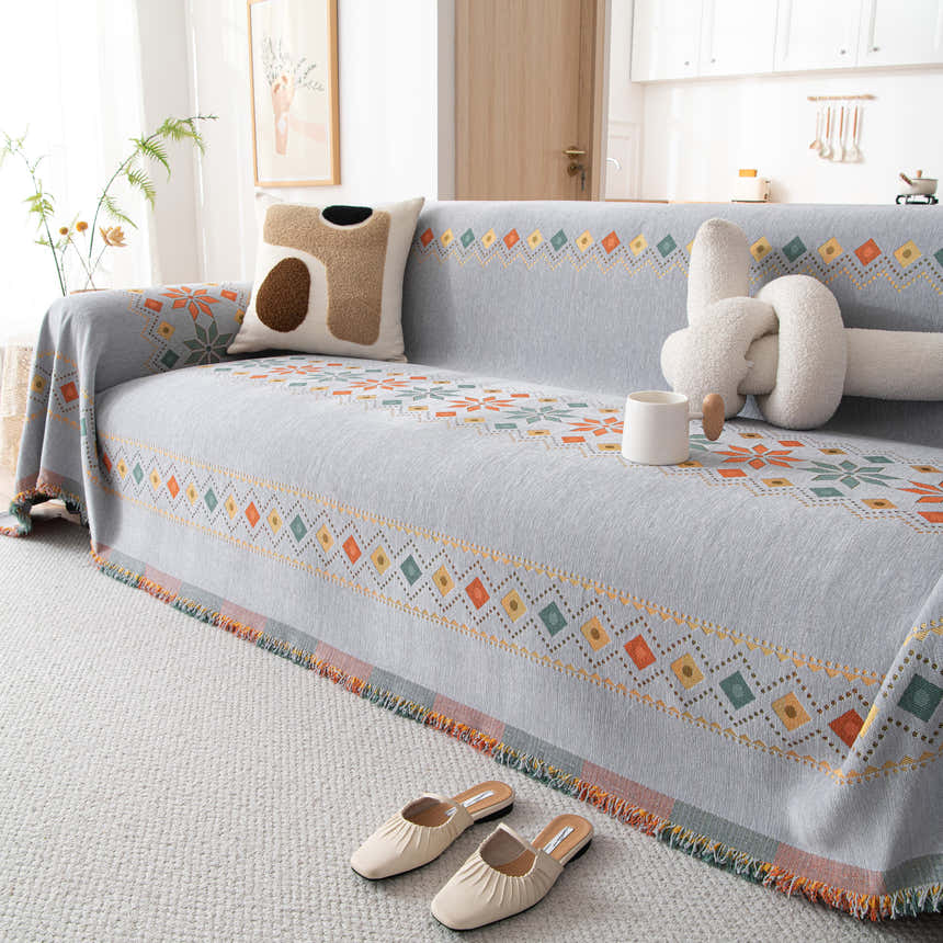 Bohemian Geometric Sofa Throw Cover, Cozy & Protective Ethnic-Inspired Couch Cover