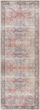 Detailed view of a Dunsha Boutique Washable Area Rug. Persian style with blue, coral, pink, mustard, and navy tones. Design-Runner-2773