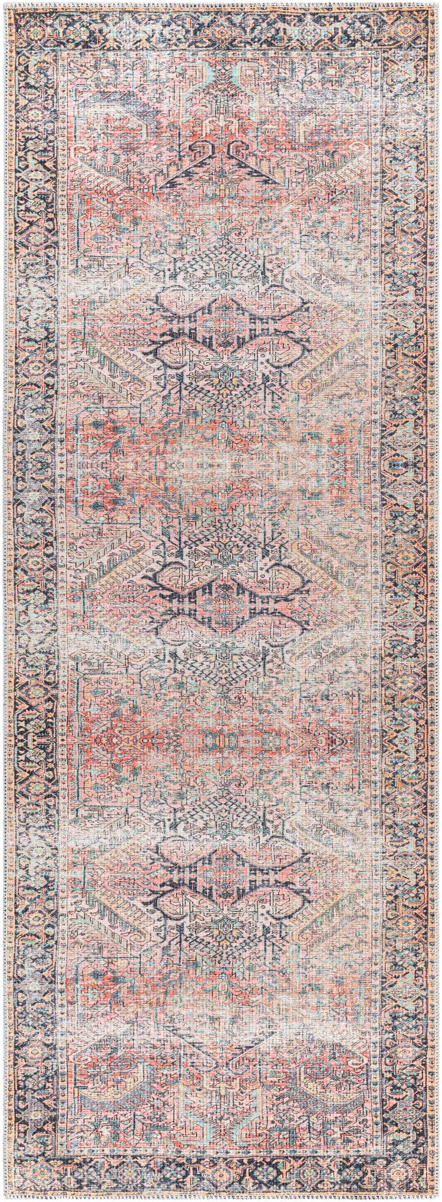 Detailed view of a Dunsha Boutique Washable Area Rug. Persian style with blue, coral, pink, mustard, and navy tones. Design-Runner-2773
