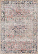 Detailed view of the Dunsha Boutique Washable Area Rug, featuring a vintage Persian design in blue, coral, pink, and off-white. Design-Rectangle-537