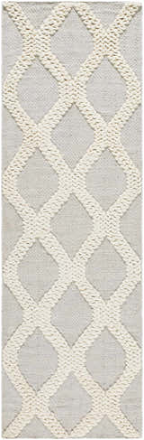 Close-up of the Dusan Area Rug. Arctic Stone and Cloud Gray rug with a raised geometric diamond pattern. Hand woven texture. Design-Runner-268