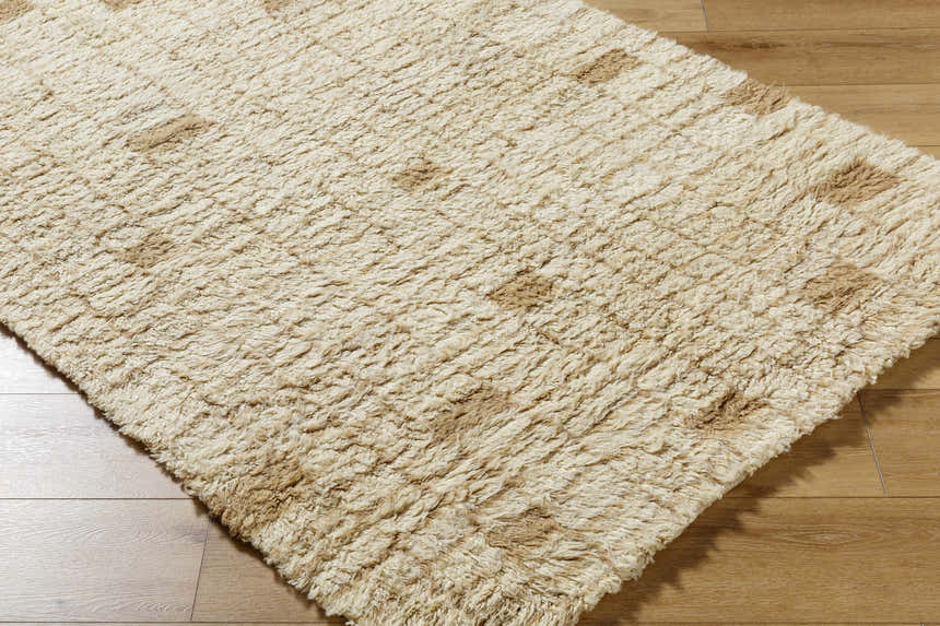 Close-up of the hand-tufted Anusha Area Rug. Beige wool rug with a subtle geometric pattern and a soft, shaggy texture. Corner