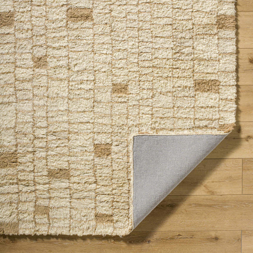 Close-up of the hand-tufted Anusha Area Rug. Beige and tan wool rug with a geometric pattern and a plush, textured pile. Fold