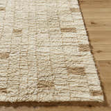 Close-up of the hand-tufted Anusha Area Rug. Beige and tan wool rug with a subtle contemporary pattern and soft, textured pile. Front
