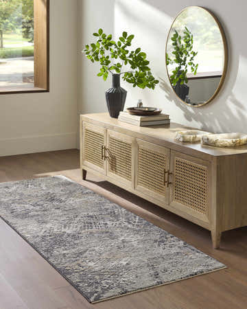 Entryway with light wood console and Aolani Medium Gray runner rug. Southwestern style with black, gray, and ivory tones. Roomscene-Runner