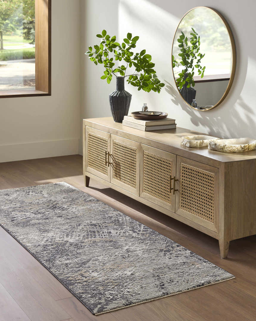 Entryway with light wood console and Aolani Medium Gray runner rug. Southwestern style with black, gray, and ivory tones. Roomscene-Runner