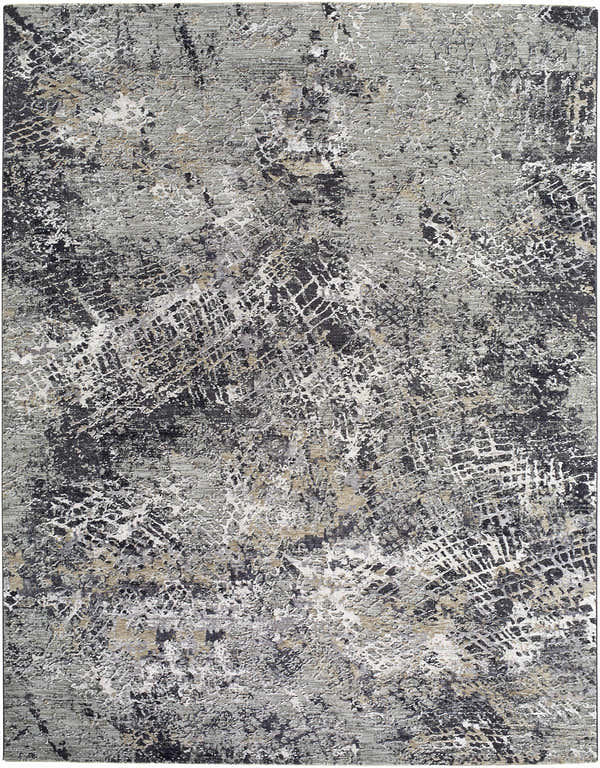 Close up of the Aolani Medium Gray Area Rug featuring a Southwestern-inspired black, gray, ivory, and tan pattern. Design-Rectangle-710102