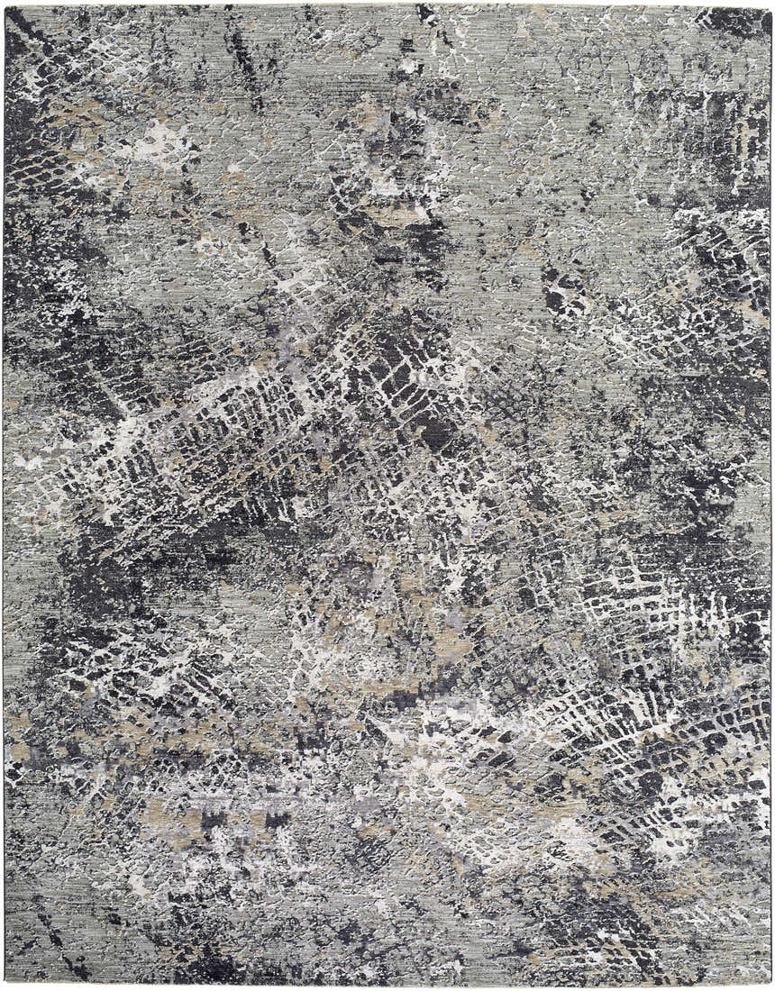 Close up of the Aolani Medium Gray Area Rug featuring a Southwestern-inspired black, gray, ivory, and tan pattern. Design-Rectangle-710102