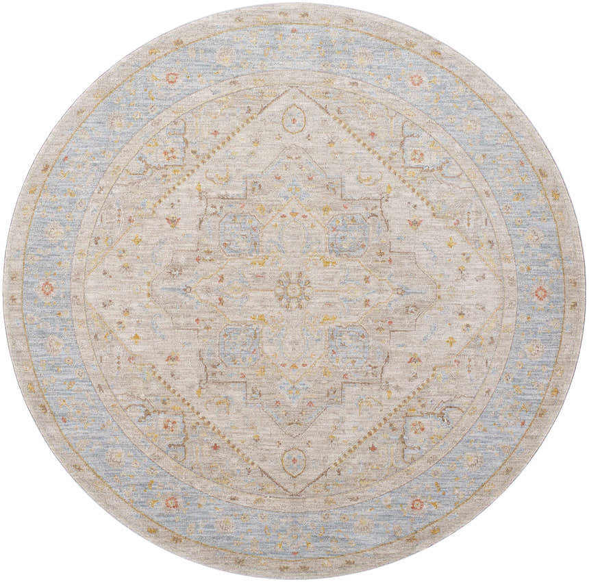 Round Ehan Cream Thick Luxe Oushak Rug with a traditional design in amber, blue, and beige tones. Design-Round-67
