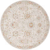 Round Elimbah Thick Luxe Area Rug with beige background and brick red, light blue, and mustard floral pattern. Design-Round-720