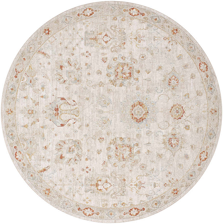 Round Elimbah Thick Luxe Area Rug with beige background and brick red, light blue, and mustard floral pattern. Design-Round-720